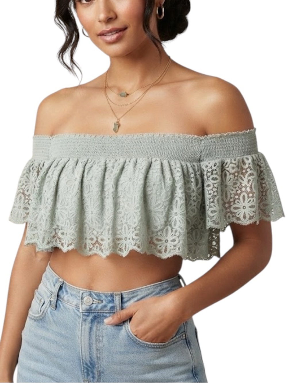 VICTORIAS SECRET Lace Off Shoulder Crop Top Grey Y2K Whimsigoth S